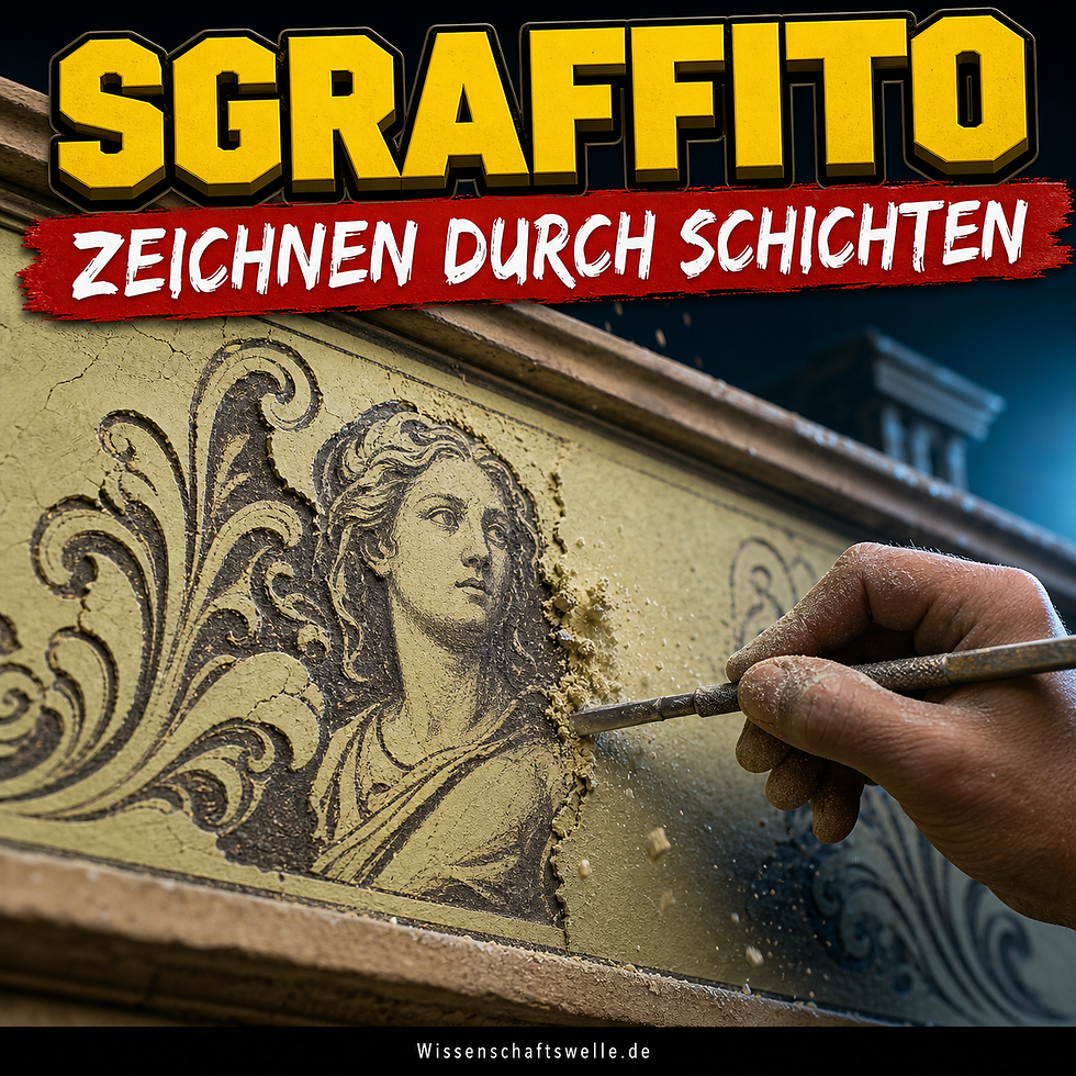 Nahaufnahme einer Sgraffito-Fassade, in die ein Werkzeug Linien in den Putz ritzt und dabei ein ornamentales Frauenporträt freilegt.