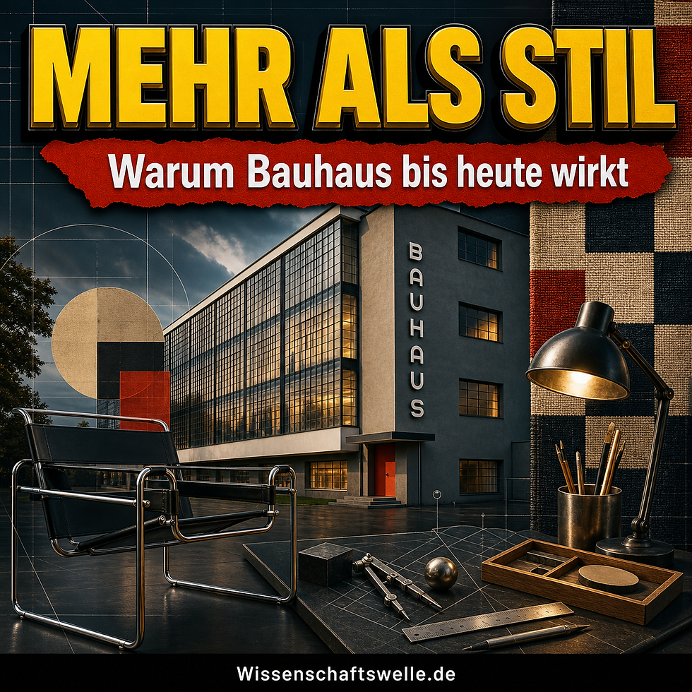 Quadratisches Cover mit dem Bauhaus-Gebäude in Dessau, einem Stahlrohrsessel, einer Schreibtischlampe und geometrischen Werkstattobjekten; darüber die Überschrift „MEHR ALS STIL“ und der Banner „Warum Bauhaus bis heute wirkt“.