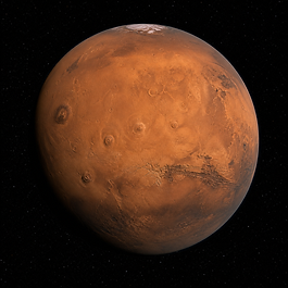 Fotorealistische Ansicht des Mars als fast voll beleuchtete rötlichbraune Planetenkugel mit hellen Polkappen, dunkleren Oberflächenregionen und feinem atmosphärischem Schleier vor schwarzem Weltraum.