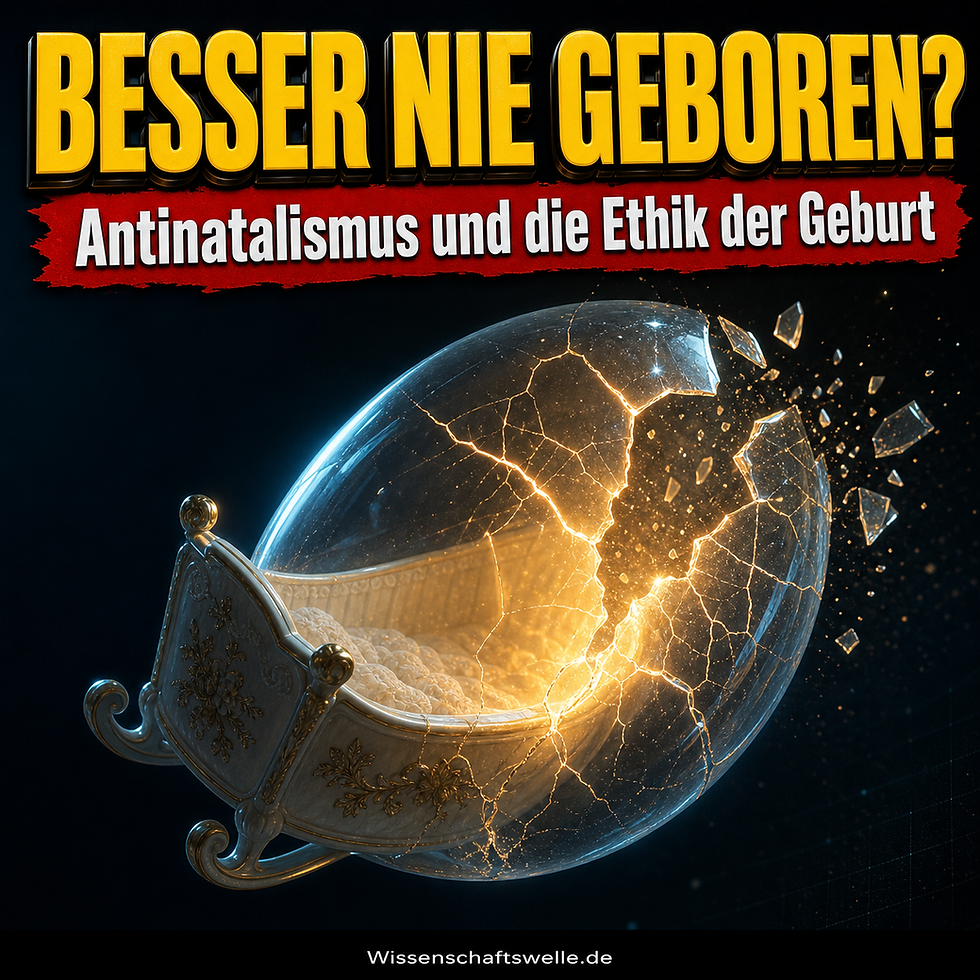 Eine warm leuchtende Porzellanwiege in einem zerbrechenden Glasei vor dunklem Hintergrund; darüber die Schlagzeile "Besser nie geboren?".