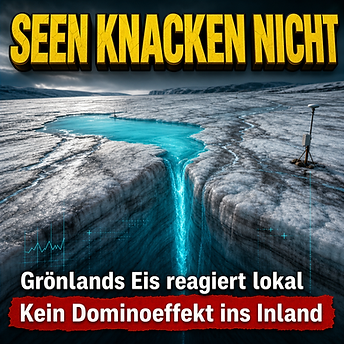 Wissenschaftswelle-Cover mit einem türkisblauen Schmelzwassersee auf dem grönländischen Eisschild, der in eine lokal begrenzte Fraktur abläuft, flankiert von Messstationen.