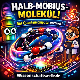Cartoonhaftes Wissenschafts-Thumbnail mit einem leuchtenden, verdrehten Molekülring (Halb-Möbius-Struktur) über einem Quantenchip. Oben steht groß „HALB-MÖBIUS-MOLEKÜL!“, darunter „Mit Quantencomputer erzeugt!“, unten der Schriftzug „Wissenschaftswelle.de“.