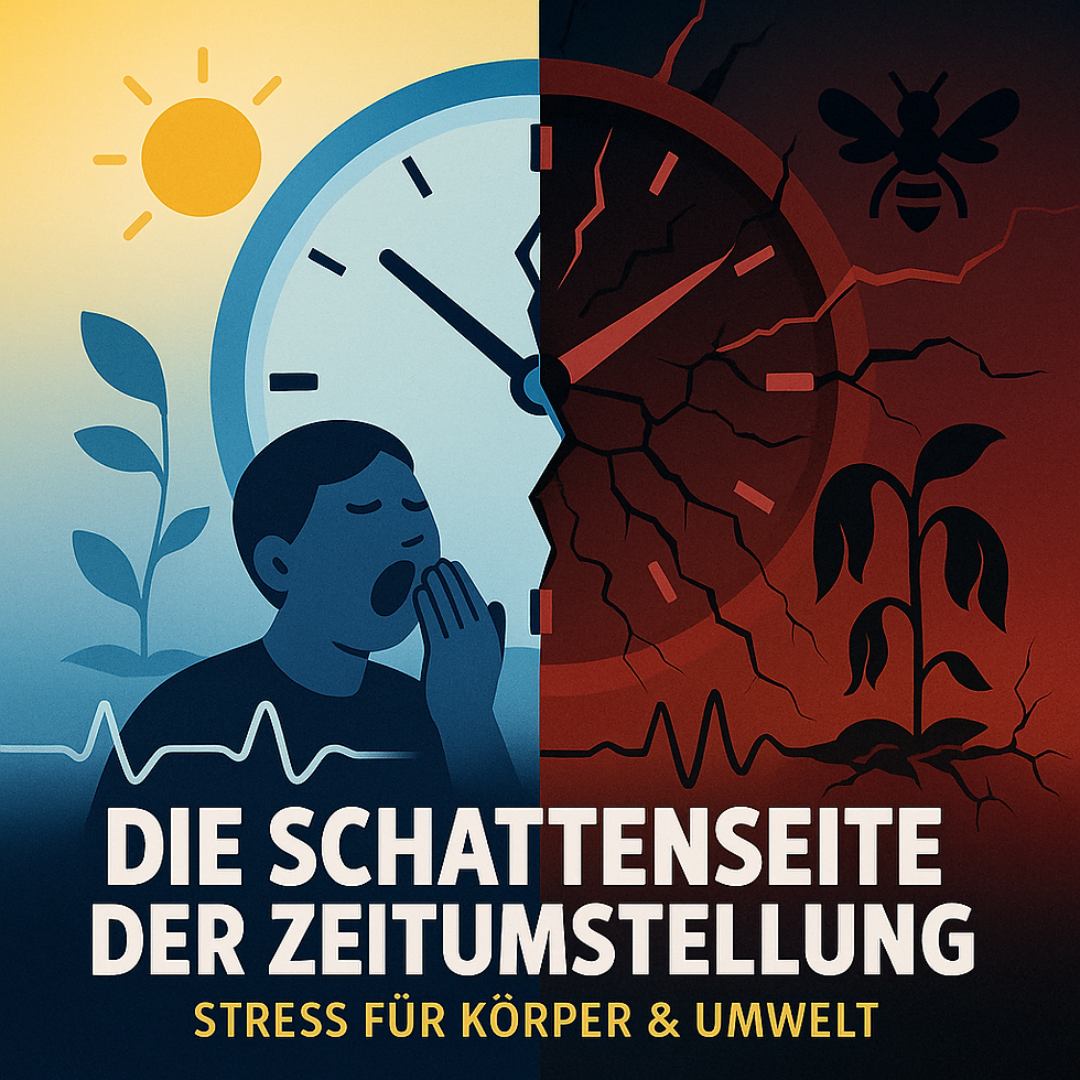 Geteiltes Motiv: Links eine blaue, kühle Tagseite mit Sonne, Pflanze und gähnender Person vor einer Uhr; rechts eine rötliche, rissige Nachtseite mit vertrockneter Pflanze und Insekt. Die Uhr markiert den „Zeitsprung“, die unterschiedlichen Herzkurven unten symbolisieren Stress für Körper und Umwelt.