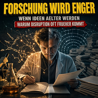 Wissenschaftswelle-Cover mit einem halb jungen, halb älteren Forscher zwischen Funken neuer Ideen und Stapeln älterer Literatur als Symbol für enger werdende Innovationspfade.