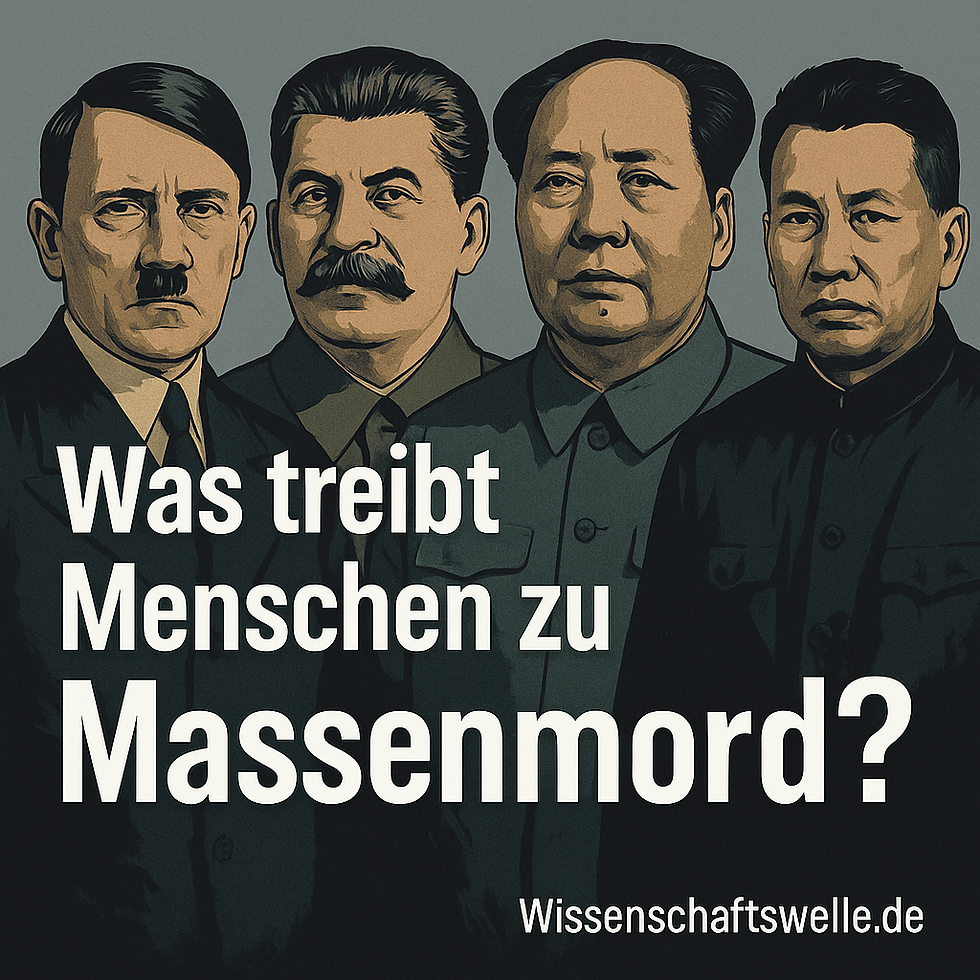 Eine stilisierte Illustration im Retro-Look zeigt die Porträts von vier Diktatoren des 20. Jahrhunderts nebeneinander: Adolf Hitler, Josef Stalin, Mao Zedong und Pol Pot. Unter den Bildern steht in großer, weißer Schrift die zentrale Frage: "Was treibt Menschen zu Massenmord?". Der Hintergrund ist in gedämpften Grau- und Grüntönen gehalten.