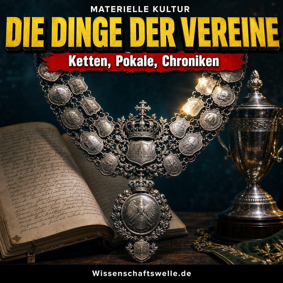 Historische silberne Schützenkette vor offener Vereinschronik und Pokal im dramatischen Licht.