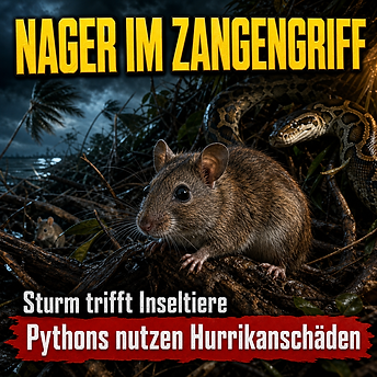 Wissenschaftswelle-Cover mit einer Key-Largo-Holzratte im Vordergrund und einer Burma-Python in sturmgeschädigtem Tropenholz dahinter.