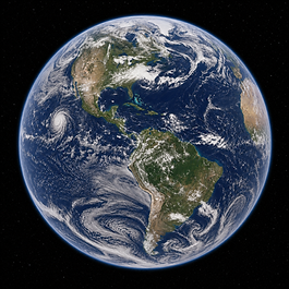 Fotorealistische Ansicht der Erde als fast voll beleuchtete blaue Planetenkugel mit weißen Wolkenwirbeln, sichtbaren Kontinenten und feinem atmosphärischem Saum vor schwarzem Weltraum.