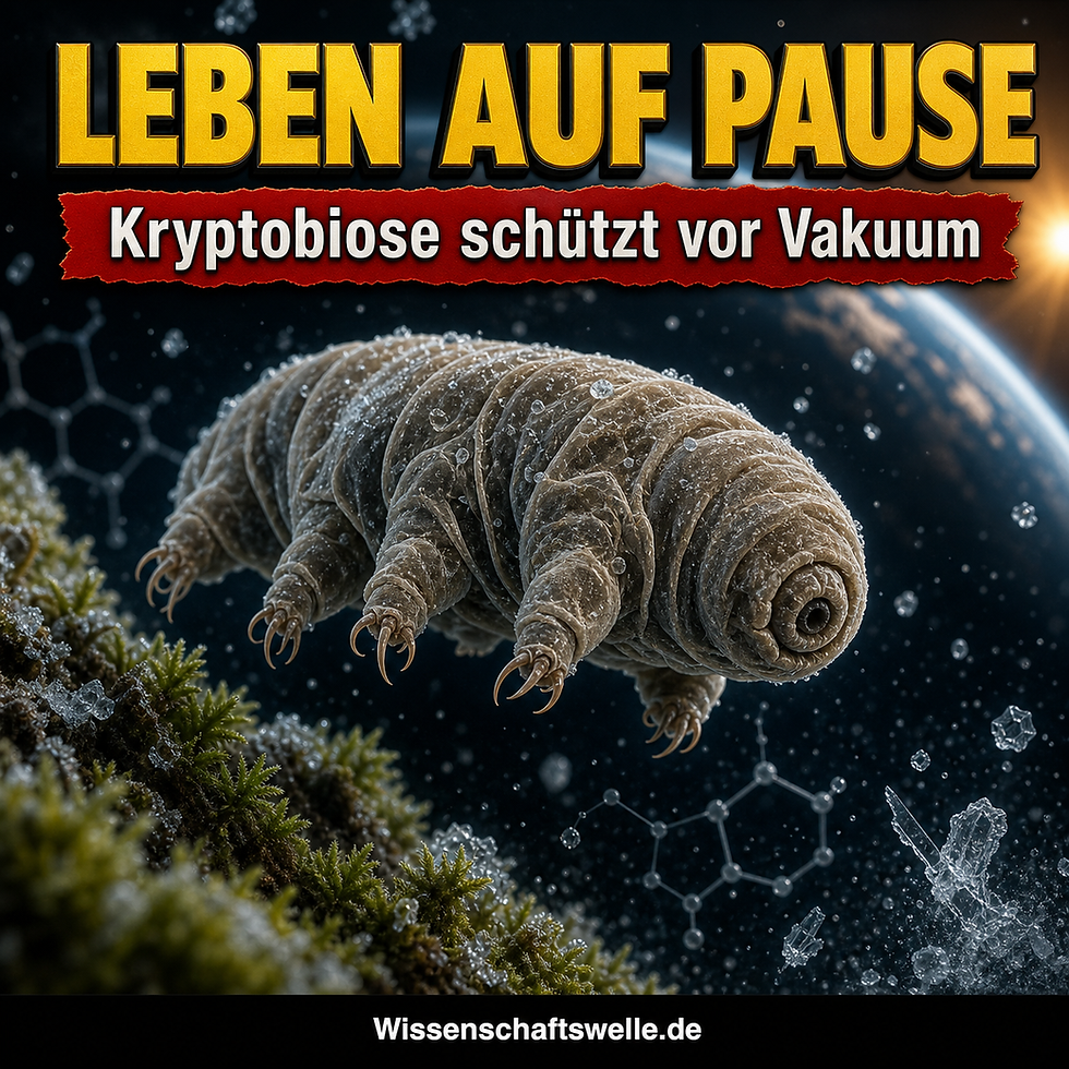 Quadratisches Cover mit einem hyperrealistischen Bärtierchen in tonnenförmigem Trockenmodus vor dunklem Weltraumhintergrund, gelber Überschrift „Leben auf Pause“, rotem Banner „Kryptobiose schützt vor Vakuum“ und schwarzem Footer mit „Wissenschaftswelle.de“.