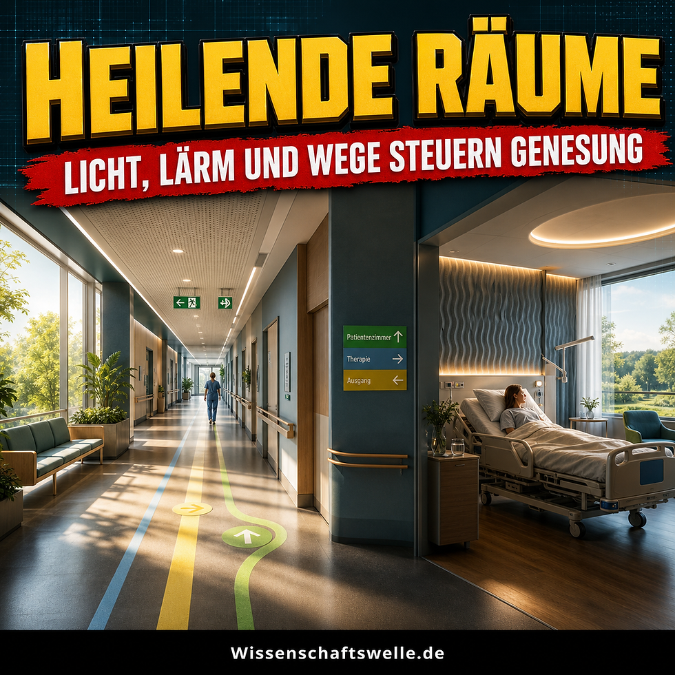 Quadratisches Cover mit einem lichtdurchfluteten Krankenhausflur, farbiger Wegeführung auf dem Boden, einem Wegweiser für Patientenzimmer, Therapie und Ausgang sowie einem ruhigen Patientenzimmer; oben steht die gelbe Überschrift „Heilende Räume“, darunter das rote Banner „Licht, Lärm und Wege steuern Genesung“.