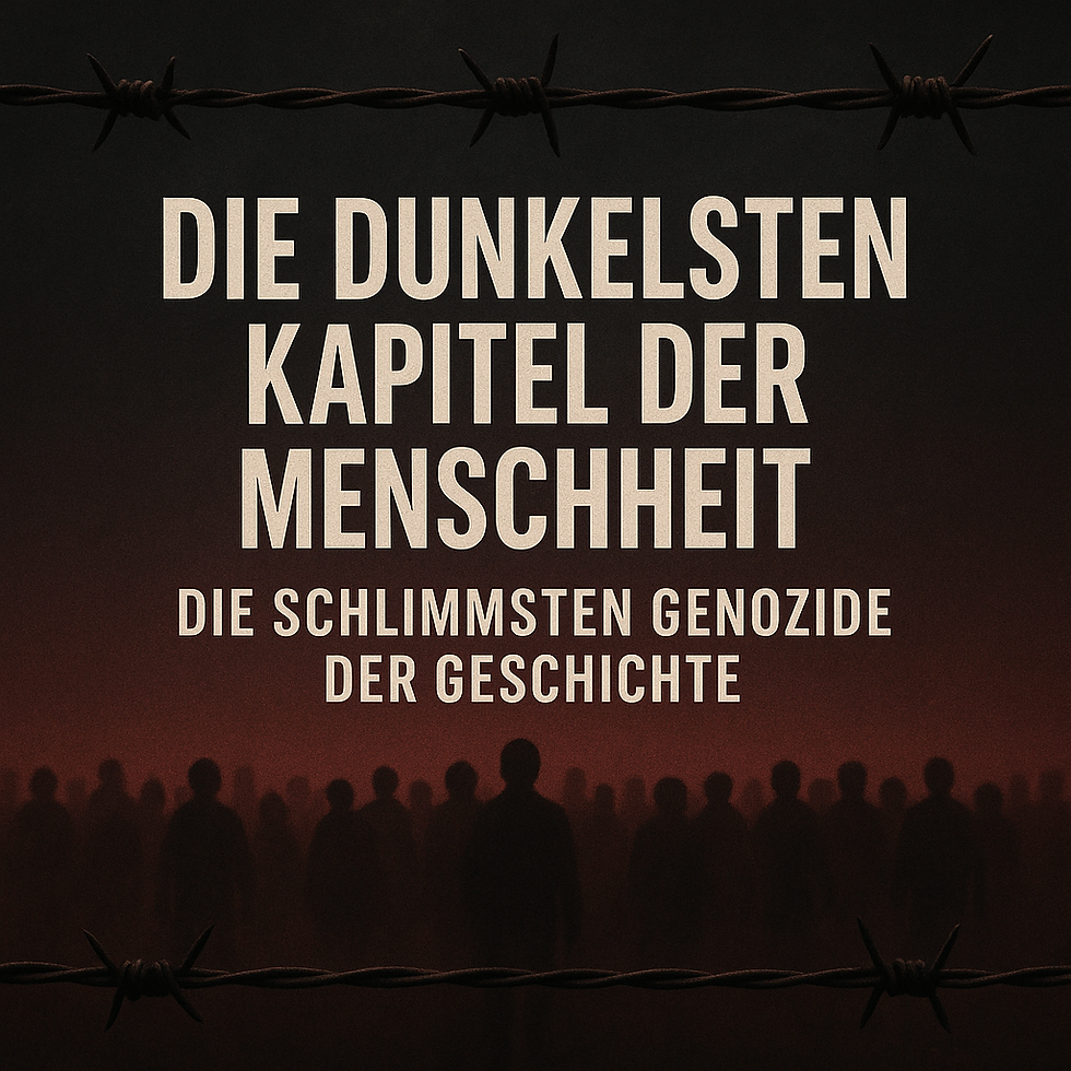 Dunkles Titelbild mit Stacheldraht oben und unten, dazwischen eine diffuse Menschenmenge als Schattenriss. In der Mitte steht in großen, hellen Buchstaben: „Die dunkelsten Kapitel der Menschheit – Die schlimmsten Genozide der Geschichte“. Das Bild vermittelt Bedrückung und erinnert visuell an Lager und Entmenschlichung.