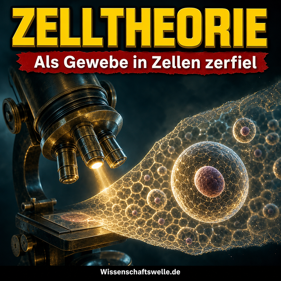 Historisches Messingmikroskop beleuchtet einen dünnen Gewebeschnitt, aus dem leuchtende Zellen mit sichtbaren Zellkernen hervortreten.