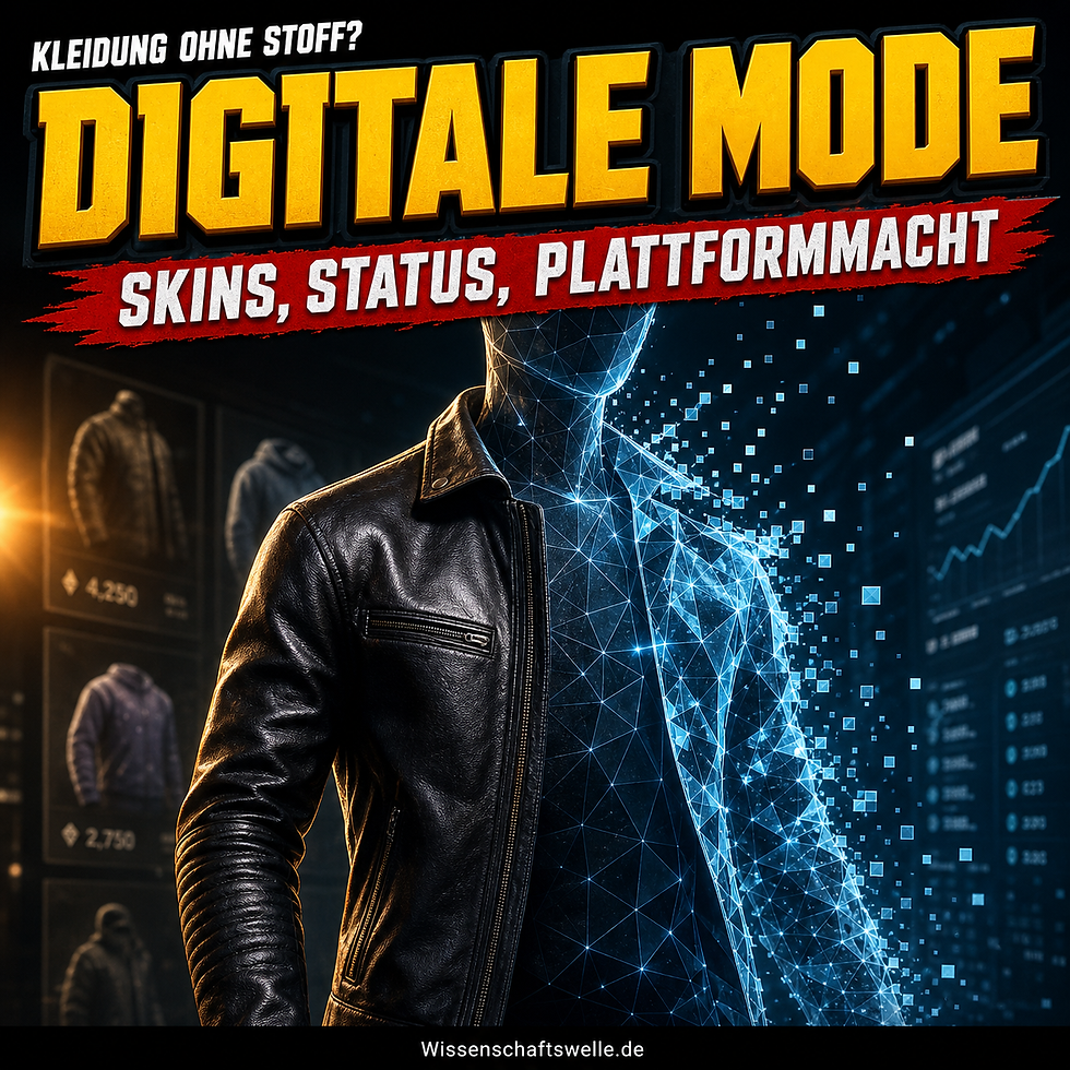 Ein quadratisches Cover zeigt eine schwarze Lederjacke an einer halb physischen, halb aus blauen Polygonen aufgebauten Avatarfigur; darüber steht „Digitale Mode“, darunter „Skins, Status, Plattformmacht“.