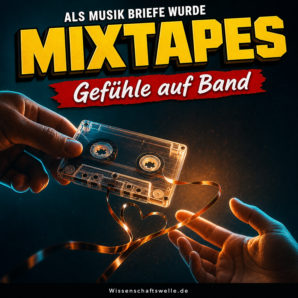 Eine transparente Kassette wird zwischen zwei Händen übergeben; das Band löst sich und formt eine leuchtende Herzschleife unter der Headline MIXTAPES und dem roten Banner Gefühle auf Band.