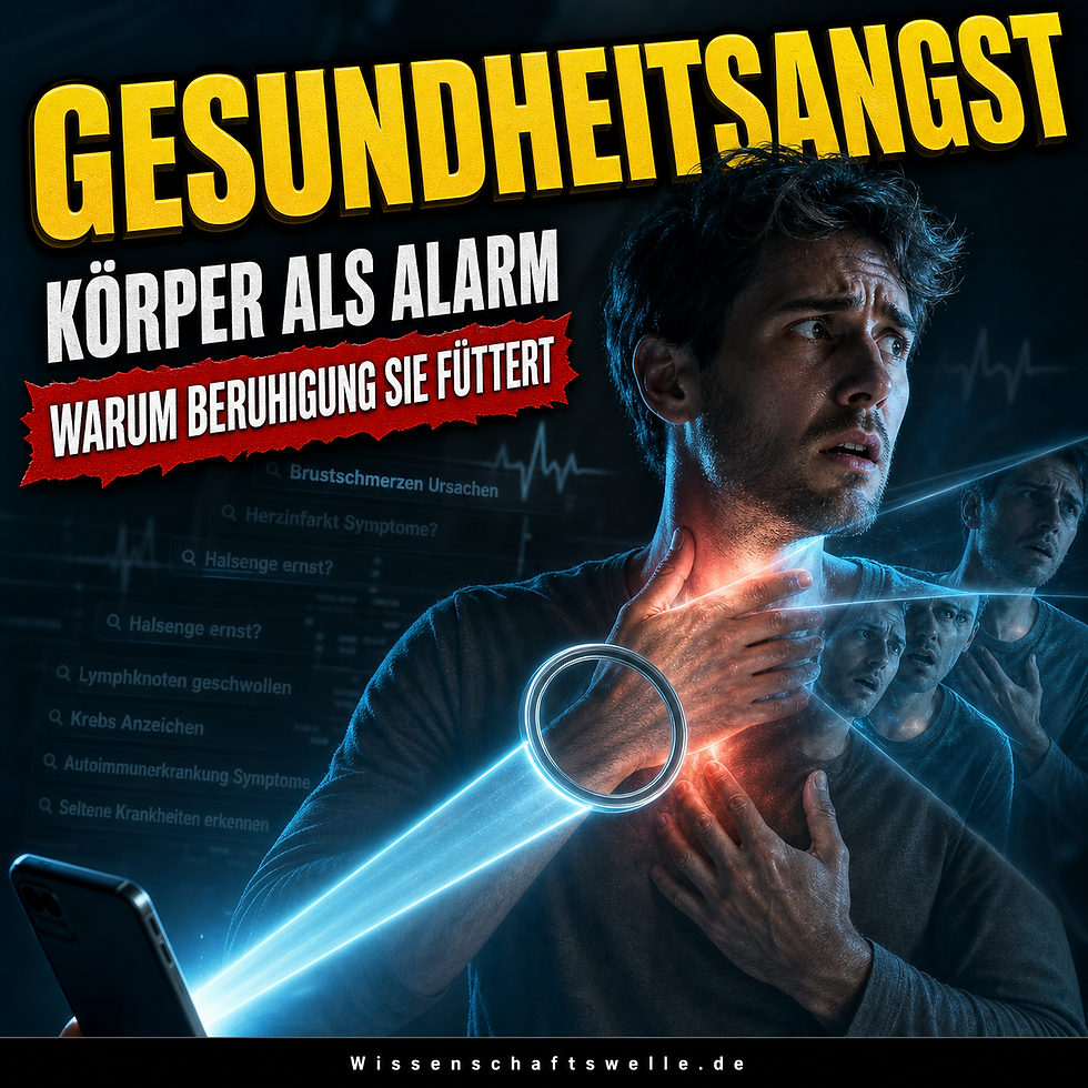 Ein besorgt wirkender Mann tastet Hals und Brust ab, während das Licht eines Smartphones und einer Lupe seinen Körper wie in einer Suchschleife scannt.