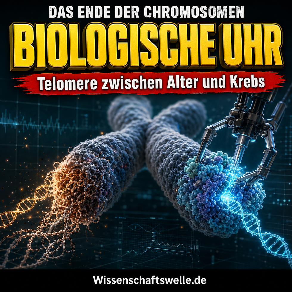 Nahaufnahme zweier Chromosomenenden: links franst ein Telomer aus, rechts wird es von einer molekularen Struktur stabilisiert; darüber steht die Titelzeile „Biologische Uhr“.