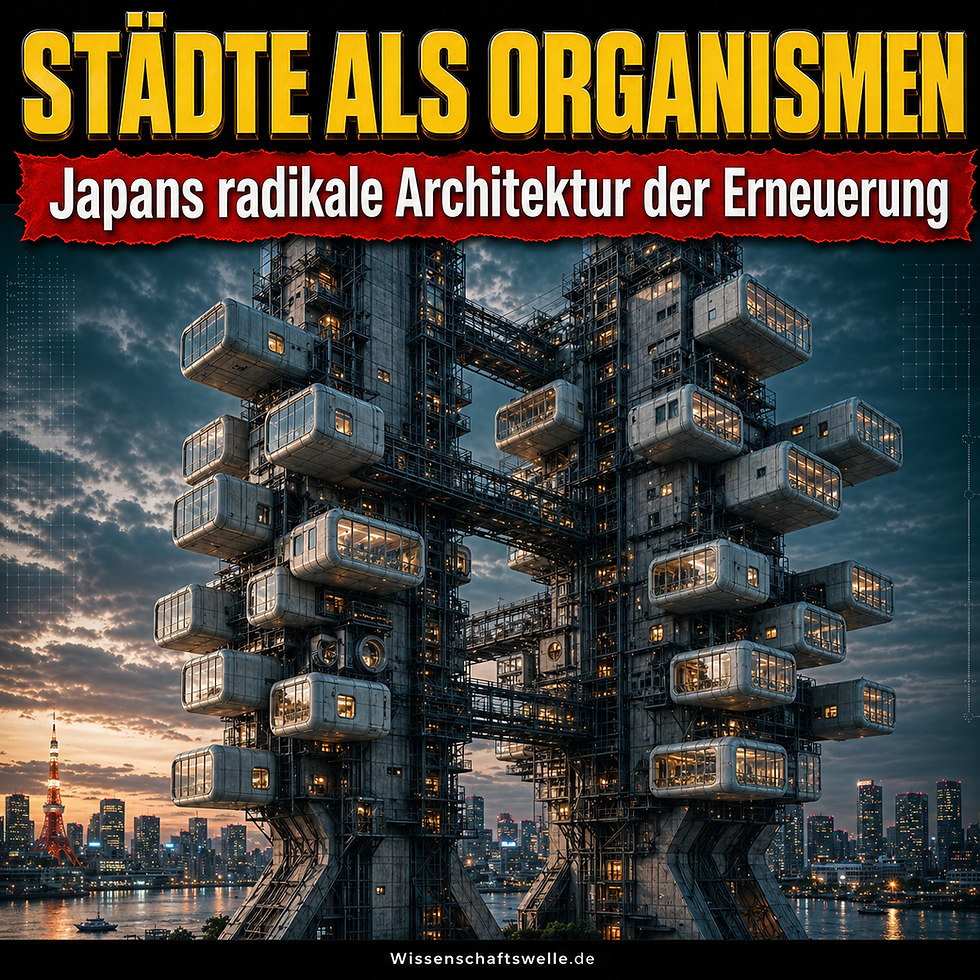 Futuristische modulare Megastruktur mit angedockten Wohnkapseln vor der Skyline von Tokio als Symbol für den japanischen Metabolismus.