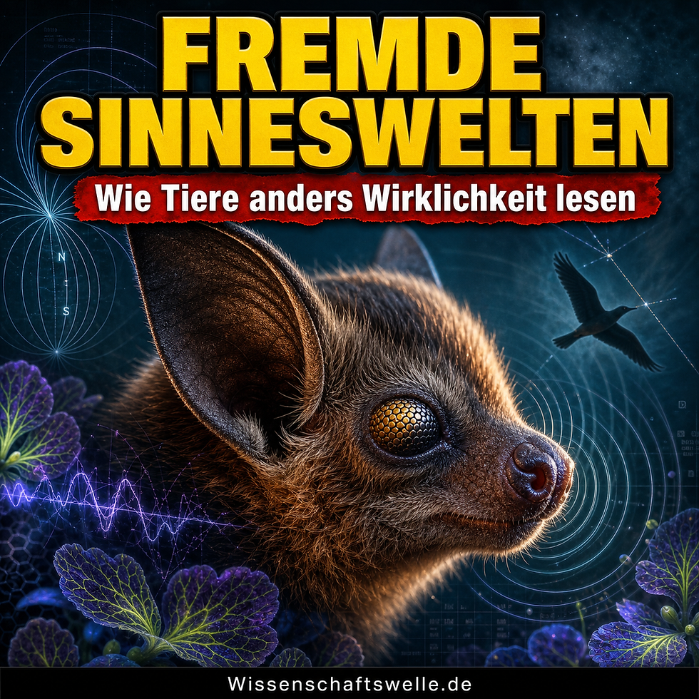 Quadratisches Cover mit einem hyperrealistischen Fledermauskopf, gelber Überschrift „FREMDE SINNESWELTEN“, rotem Banner „Wie Tiere anders Wirklichkeit lesen“ sowie Signalringen, Magnetfeldlinien und violett leuchtenden Pflanzenmotiven vor dunklem Hintergrund.