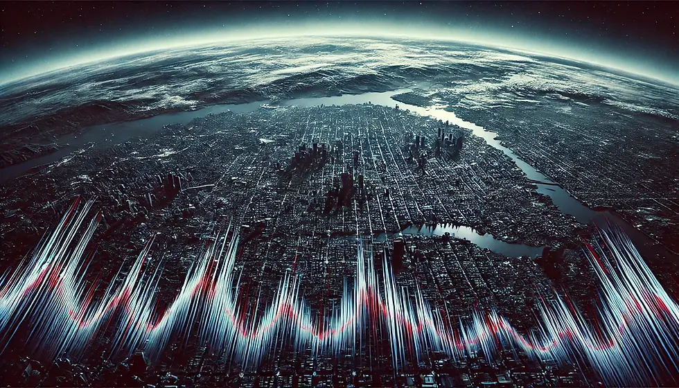 Ein Satellitenbild zeigt eine dichte Stadtlandschaft mit unzähligen Gebäuden und Straßen. Darüber schweben transparente rote Wellenlinien, die seismische Aktivität symbolisieren. Die Szenerie wirkt düster, fast bedrohlich, mit dunklen Blautönen und Grauschattierungen, während das leuchtende Rot die Gefahr eines möglichen Bebens visuell betont.
