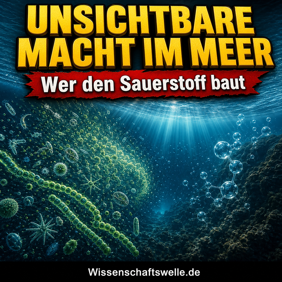 Quadratisches Cover mit gelber 3D-Überschrift 'UNSICHTBARE MACHT IM MEER', rotem Banner 'Wer den Sauerstoff baut' und einer dramatischen Unterwasserszene voller leuchtender Mikroorganismen und Blasenstrukturen.