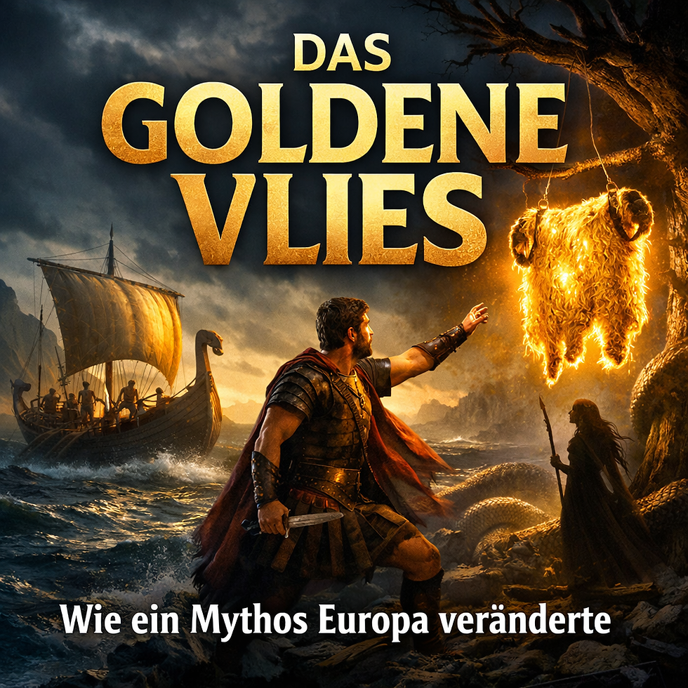 Das Titelbild zeigt eine dramatische Küstenszene bei Sturm: Links segelt ein antikes Schiff mit großer Besatzung über aufgewühlte Wellen. Im Vordergrund streckt ein bewaffneter Held die Hand nach einem hell leuchtenden, goldenen Vlies aus, das rechts an einem knorrigen Baum hängt, während eine dunkle Gestalt daneben steht. Über allem dominiert der Schriftzug „Das Goldene Vlies“ sowie der Untertitel „Wie ein Mythos Europa veränderte“.