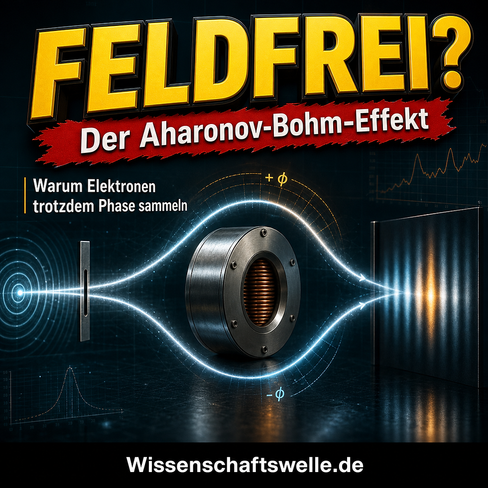 Zentraler abgeschirmter Solenoid mit zwei leuchtenden Elektronenbahnen, die ihn links und rechts umrunden und rechts ein Interferenzmuster bilden, darüber die Titeltexte zum Aharonov-Bohm-Effekt.