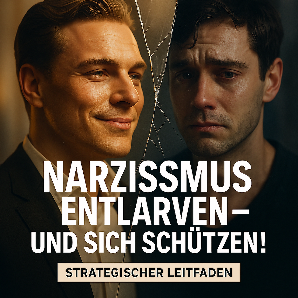 Geteiltes Porträt zweier Männer: links selbstsicher lächelnd, rechts bedrückt mit Tränen in den Augen. Ein Riss verläuft zwischen beiden Gesichtern. Darüber steht groß: „Narzissmus entlarven – und sich schützen! Strategischer Leitfaden.“