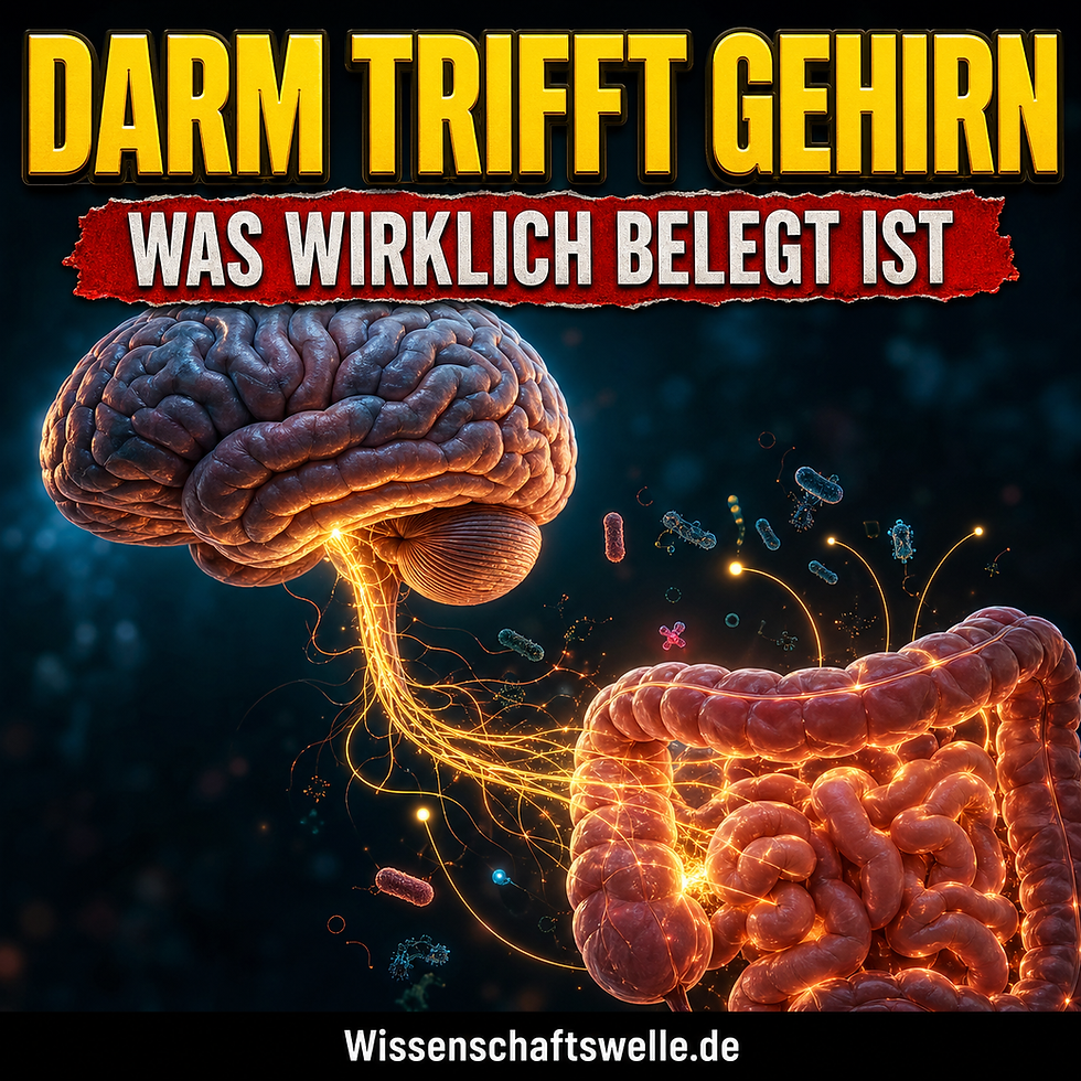 Fotorealistisches Cover mit leuchtendem menschlichem Gehirn, verbundenem Darm und schwebenden Mikroben als Symbol für die Darm-Hirn-Achse.