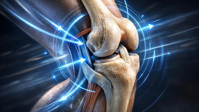 Eine fotorealistische 3D-Visualisierung im 16:9-Format, die das menschliche Kniegelenk während einer dynamischen Bewegung zeigt. Das Bild kombiniert eine anatomisch präzise Darstellung von Knochen, Sehnen und Bändern mit einer technoid-ästhetischen Überlagerung von blau leuchtenden Kraftvektoren und mechanischen Spannungsfeldern. Die Texturen von Knochen und Knorpel sind detailreich und organisch, während das Umgebungslicht die Dynamik der Bewegung unterstreicht. Es sind keine Schriftzeichen oder störenden Symbole zu sehen; der Fokus liegt auf der Eleganz der biologischen Konstruktion.