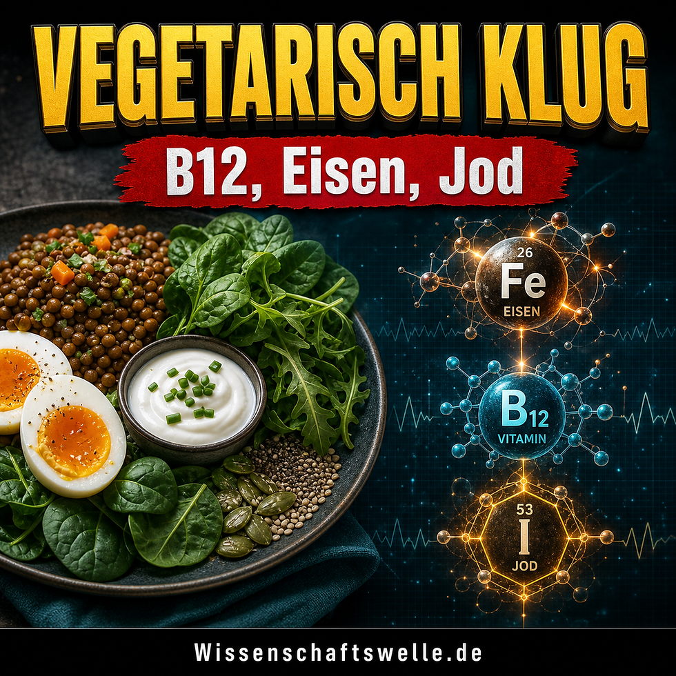 Quadratisches Wissenschaftswelle-Cover mit der gelben Überschrift „Vegetarisch klug“, dem roten Banner „B12, Eisen, Jod“, einer Schale mit Linsen, Eiern, Joghurt, Blattgemüse und Samen sowie leuchtenden Symbolen für Eisen, Vitamin B12 und Jod.