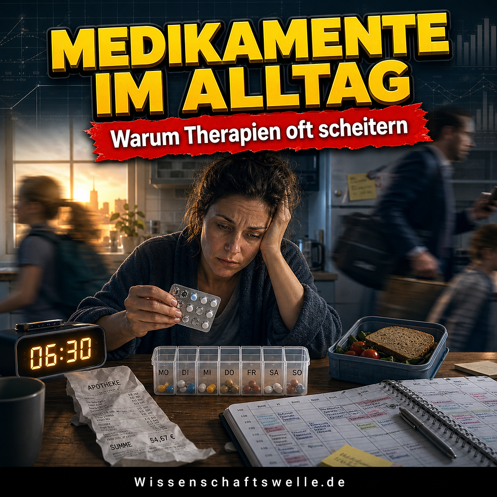 Quadratisches Cover mit einer erschöpften Frau am Küchentisch, die einen Blister und eine Pillenbox vor Wecker, Kassenbon und dichtem Wochenplan betrachtet, mit der gelben Überschrift „Medikamente im Alltag“ und dem roten Banner „Warum Therapien oft scheitern“.
