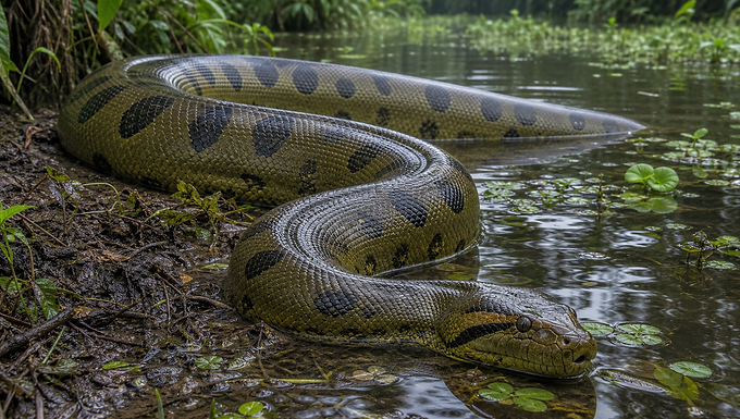 Eine grüne Anakonda liegt mit mächtigem, olivgrünem Körper und dunklen Flecken halb im flachen Tropenwasser, während Kopf und hoch sitzende Augen dicht am Ufer aus der Wasseroberfläche ragen.