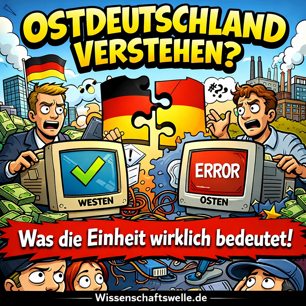 Quadratisches Thumbnail im Stil einer grell-bunten, überzeichneten Adult-Animation. Oben steht in großer gelber 3D-Schrift mit schwarzer Kontur: „OSTDEUTSCHLAND VERSTEHEN?“. Darunter verläuft ein rotes, gezacktes Banner mit weißer Schrift: „Was die Einheit wirklich bedeutet!“. Im Zentrum stehen sich zwei Männer gegenüber: links ein blondes, westlich codiertes Business-Klischee vor Geldscheinen und moderner Skyline, rechts ein ostdeutsch codierter Mann vor Fabrikschloten und Industriegebäuden. Zwischen ihnen schweben zwei unpassende Puzzleteile in Schwarz-Rot-Gold. Vor den Figuren stehen zwei alte Computermonitore: links mit grünem Haken und der Aufschrift „WESTEN“, rechts mit roter Fehlermeldung „ERROR“ und der Aufschrift „OSTEN“. Kabel, Zahnräder und Technik-Chaos deuten an, dass zwei Systeme mühsam verbunden werden sollen. Unten blicken mehrere kleine Cartoon-Figuren überrascht oder verunsichert nach oben. Am unteren Bildrand befindet sich ein schwarzer Balken mit der weißen Aufschrift „Wissenschaftswelle.de“.