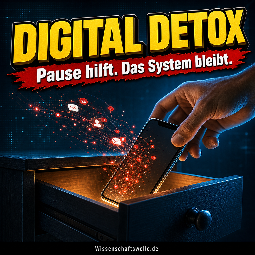Eine Hand legt ein Smartphone in eine geöffnete Schublade, während glühende Benachrichtigungssymbole und Datenlinien noch am Gerät hängen.