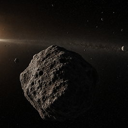 Fotorealistische Darstellung des Asteroidengürtels mit einem unregelmäßigen felsigen Hauptgürtelasteroiden im Vordergrund und wenigen weit verstreuten kleineren Asteroiden im schwarzen Raum zwischen Mars und Jupiter.