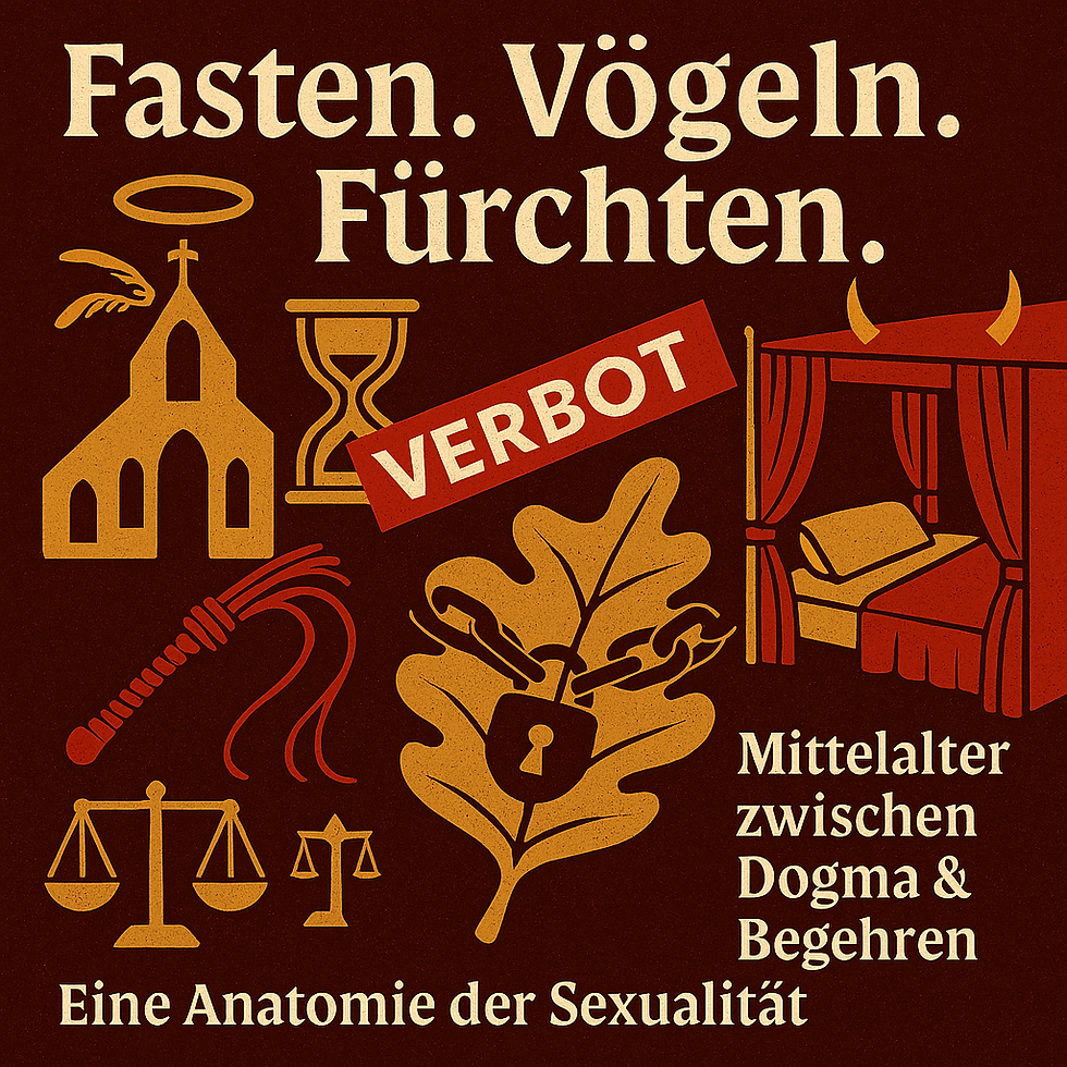 Grafik mit dunkelbraunem Hintergrund: In großen hellen Lettern steht „Fasten. Vögeln. Fürchten.“ Dazu Ikonen einer Kirche, einer Sanduhr, einer Peitsche, Waagschalen, eines Betts mit Vorhängen und Hörnern sowie eines Eichenblatts mit Schloss. Diagonal liegt ein rotes Schild mit der Aufschrift „VERBOT“—eine visuelle Verdichtung von Kirche, Zeitregeln, Strafe und Sexualität.