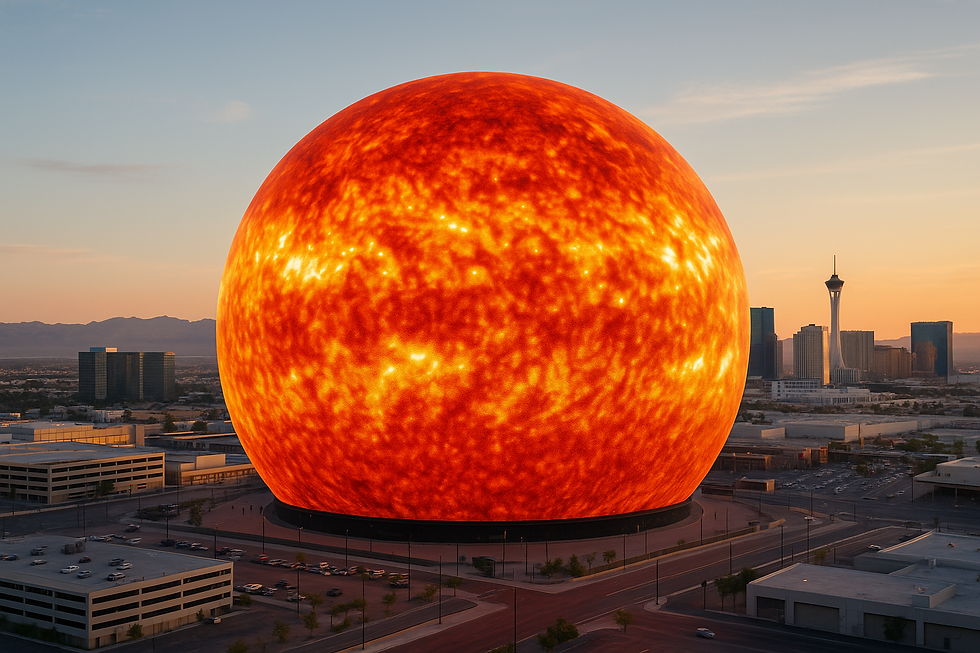 Fotorealistische Aufnahme von The Sphere in Las Vegas bei Sonnenuntergang. Die riesige LED-Kugel zeigt eine leuchtende, sonnenähnliche Oberfläche in intensiven Orange- und Gelbtönen. Umgeben von Parkplätzen, niedrigen Gebäuden und der fernen Skyline mit dem Stratosphere Tower dominiert die Kugel die Szenerie. Der Himmel ist klar, die Berge am Horizont wirken weich im Abendlicht – ein futuristisches Objekt inmitten einer urbanen Wüstenlandschaft.