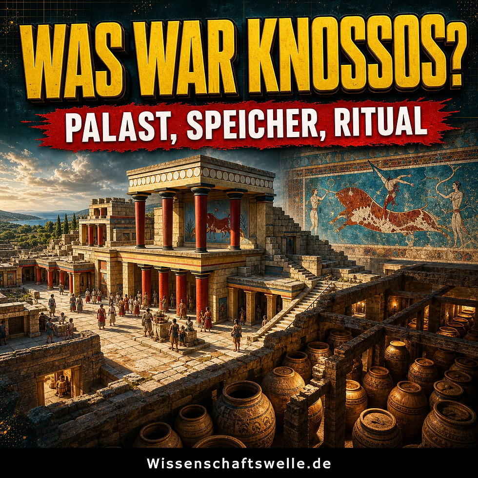 Quadratisches Cover mit dem rekonstruierten Palast von Knossos, roten minoischen Säulen, einem zentralen Hof, großen Vorratsgefäßen in Magazinräumen und einer Bullensprung-Freske. Oben steht in großer gelber Schrift „Was war Knossos?“, darunter auf einem roten Banner „Palast, Speicher, Ritual“.