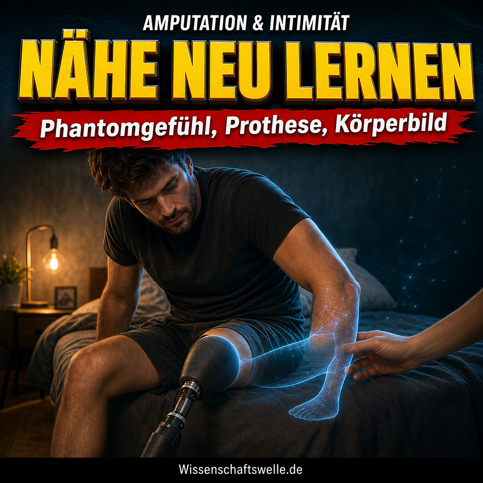 Eine Person mit Oberschenkelprothese sitzt in dramatischem Licht am Bettrand; eine blaue Phantomkontur verlängert das fehlende Bein, während eine zweite Hand vorsichtig Nähe anbietet.