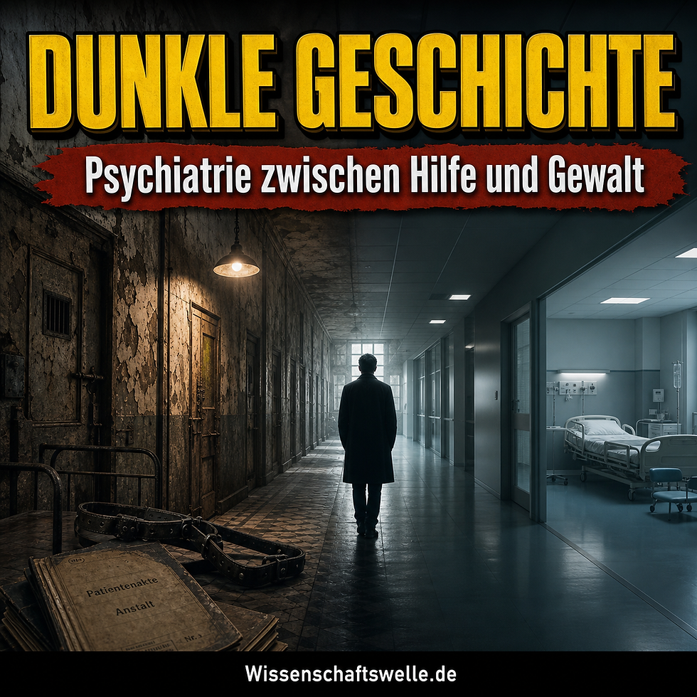 Quadratisches Cover mit einem düsteren historischen Klinikflur, einer isolierten Patientensilhouette im kalten Licht und der gelben Überschrift „Dunkle Geschichte“ über dem roten Banner „Psychiatrie zwischen Hilfe und Gewalt“.