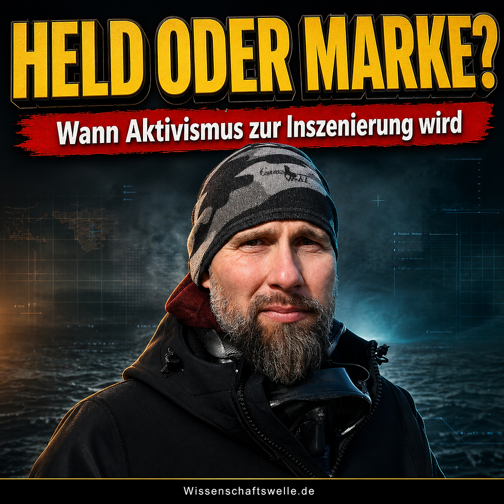 Quadratisches Cover mit einem Porträt von Robert Marc Lehmann vor dunklem Wasserhintergrund, gelber Überschrift „Held oder Marke?“ und rotem Banner mit dem Text „Wann Aktivismus zur Inszenierung wird“.