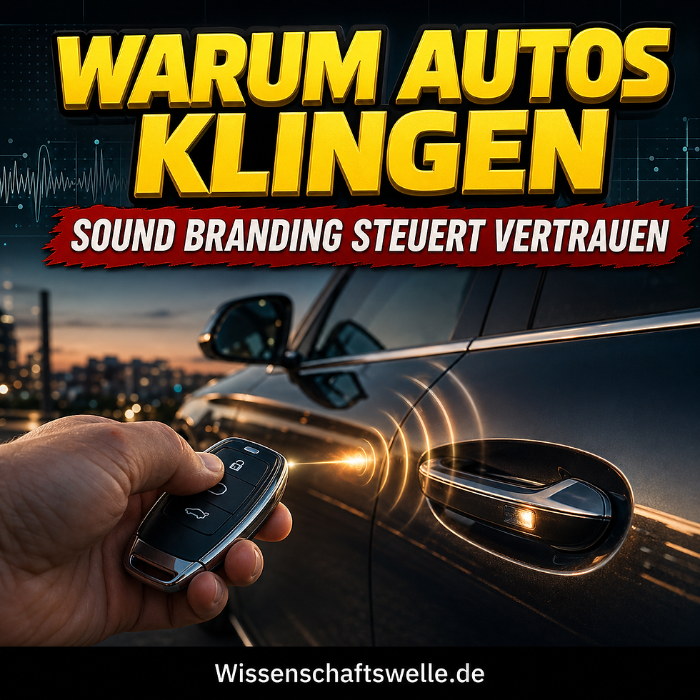 Eine Hand hält einen Autoschlüssel vor der Tür eines modernen Fahrzeugs, während leuchtende Schallwellen den Entriegelungsimpuls visualisieren.