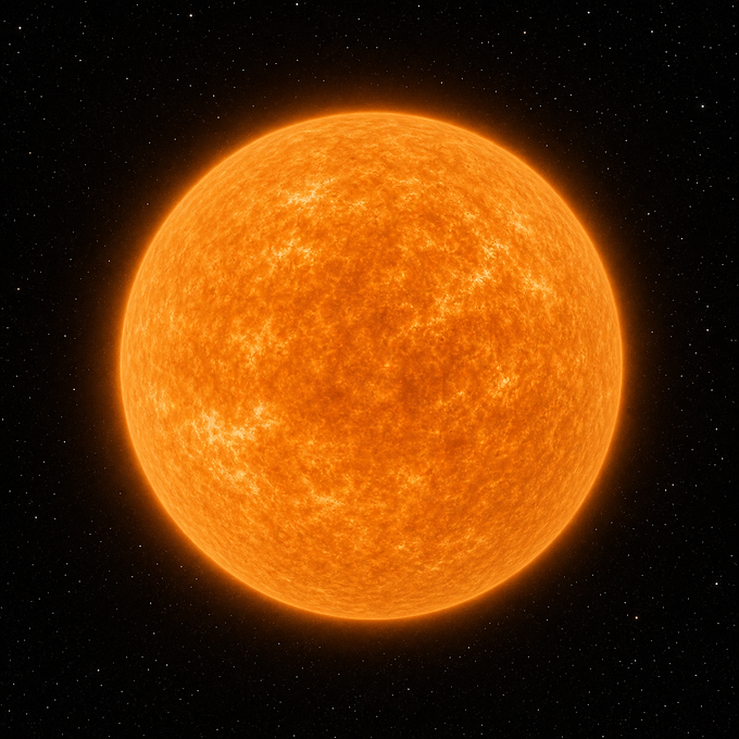 Orangefarbener Riesenstern Aldebaran mit sanft strukturierter Oberfläche und schwachem atmosphärischem Leuchten vor schwarzem Weltraum.