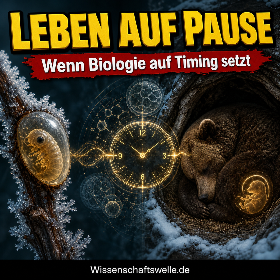 Quadratisches Cover mit der gelben Überschrift „Leben auf Pause“, einem roten Banner „Wenn Biologie auf Timing setzt“, links einem transparenten Insektenei auf vereistem Ast, rechts einer ruhenden Bärin in einer Höhle mit leuchtendem Embryo-Symbol sowie einer goldenen Uhr in der Bildmitte.