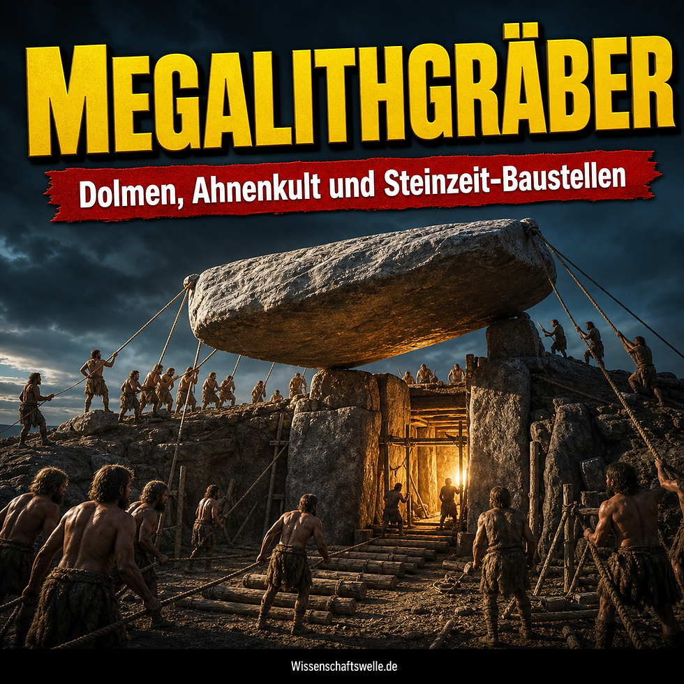 Dramatisches Cover mit einem jungsteinzeitlichen Ganggrab im Bau: Ein riesiger Deckstein wird über einer Passagekammer in Position gezogen, während kleine Figuren mit Seilen und Holzrollen im Abendlicht arbeiten.