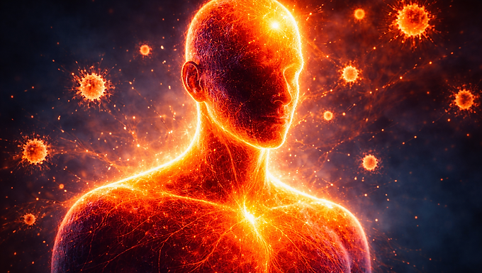 Eine fotorealistische Nahaufnahme im 16:9-Format, die die abstrakte Darstellung einer Thermografie des menschlichen Kopfes und Oberkörpers zeigt. Die Silhouette glüht in intensiven Orange-, Rot- und Gelbtönen, was eine erhöhte Körpertemperatur symbolisiert. Um die Silhouette herum schweben stilisierte, leuchtende Partikel, die wie funkelnde Abwehrzellen wirken. Der Hintergrund ist in einem kühlen, dunklen Blau gehalten, um den Kontrast zur inneren Hitze zu betonen. Das Bild vermittelt Energie, Aktivität und einen dynamischen physiologischen Prozess, ohne Schriftzüge oder technische Symbole zu verwenden.