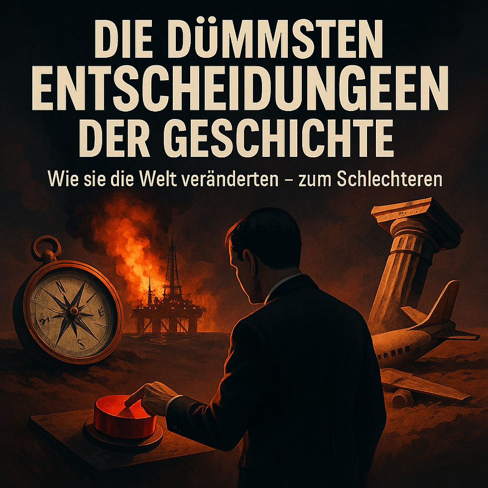 Das Titelbild zeigt eine gealterte Weltkarte auf dunklem Holz. Rote Fäden verbinden Orte wie Sarajevo, Moskau und Alaska; kleine Notizzettel tragen Worte wie „Hybris“, „Anreize“ und „Systemfehler“. Schräges Licht erzeugt den Eindruck eines Ermittlungsboards, das historische Fehltritte rekonstruiert.