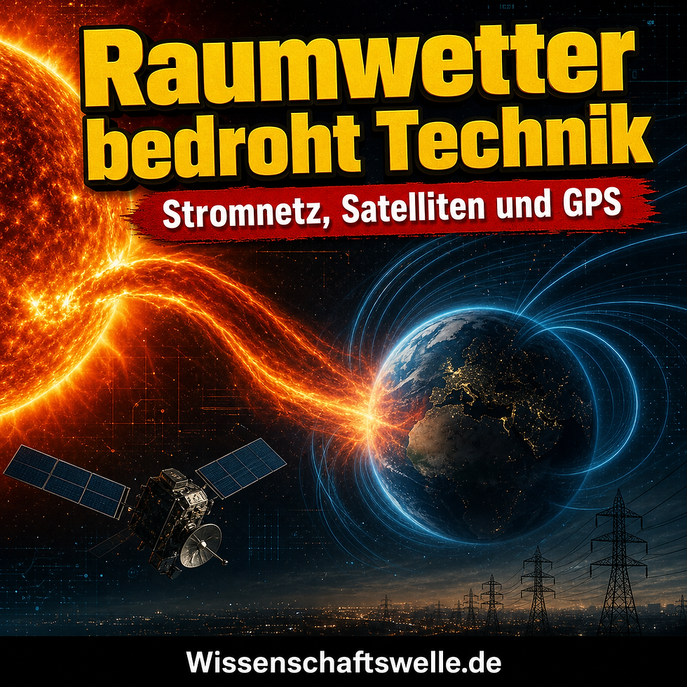 Ein Sonnensturm schleudert Plasma in Richtung Erde, während Magnetfeldlinien, ein Satellit und Stromtrassen die Verwundbarkeit von Raumfahrt, GPS und Stromnetz symbolisieren.