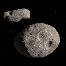 Fotorealistische Ansicht des kleinen asteroidalen Mondes Dactyl mit graubeiger, kraterreicher Oberfläche im Vordergrund; im Hintergrund steht der deutlich größere Asteroid Ida vor schwarzem Weltraum.