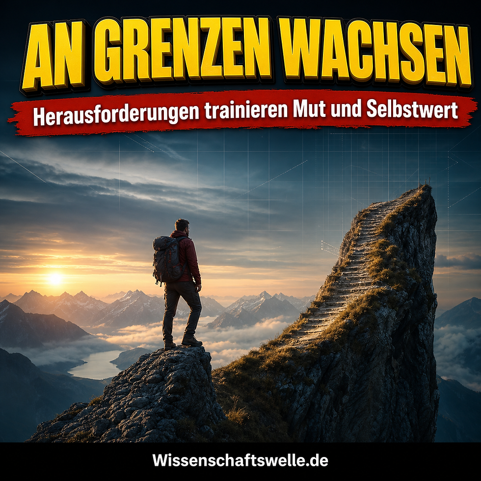 Quadratisches Wissenschaftswelle-Cover mit einer Person an einer steilen Felskante im dramatischen Licht, darüber die Headline „AN GRENZEN WACHSEN“ und im roten Banner „Herausforderungen trainieren Mut und Selbstwert“.